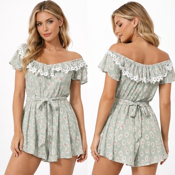 saints + secrets Pants - SAINTS SECRETS Womens Romper Small Sage Green Floral Lace Coquette Cottage Boho